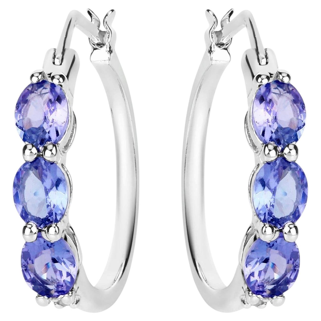Natural Tanzanite Hoop Earrings With Diamonds 1.97 Carats Sterling Silver For Sale