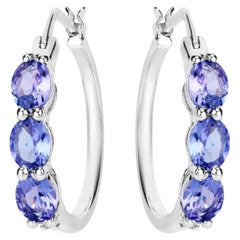 Natural Tanzanite Hoop Earrings With Diamonds 1.97 Carats Sterling Silver