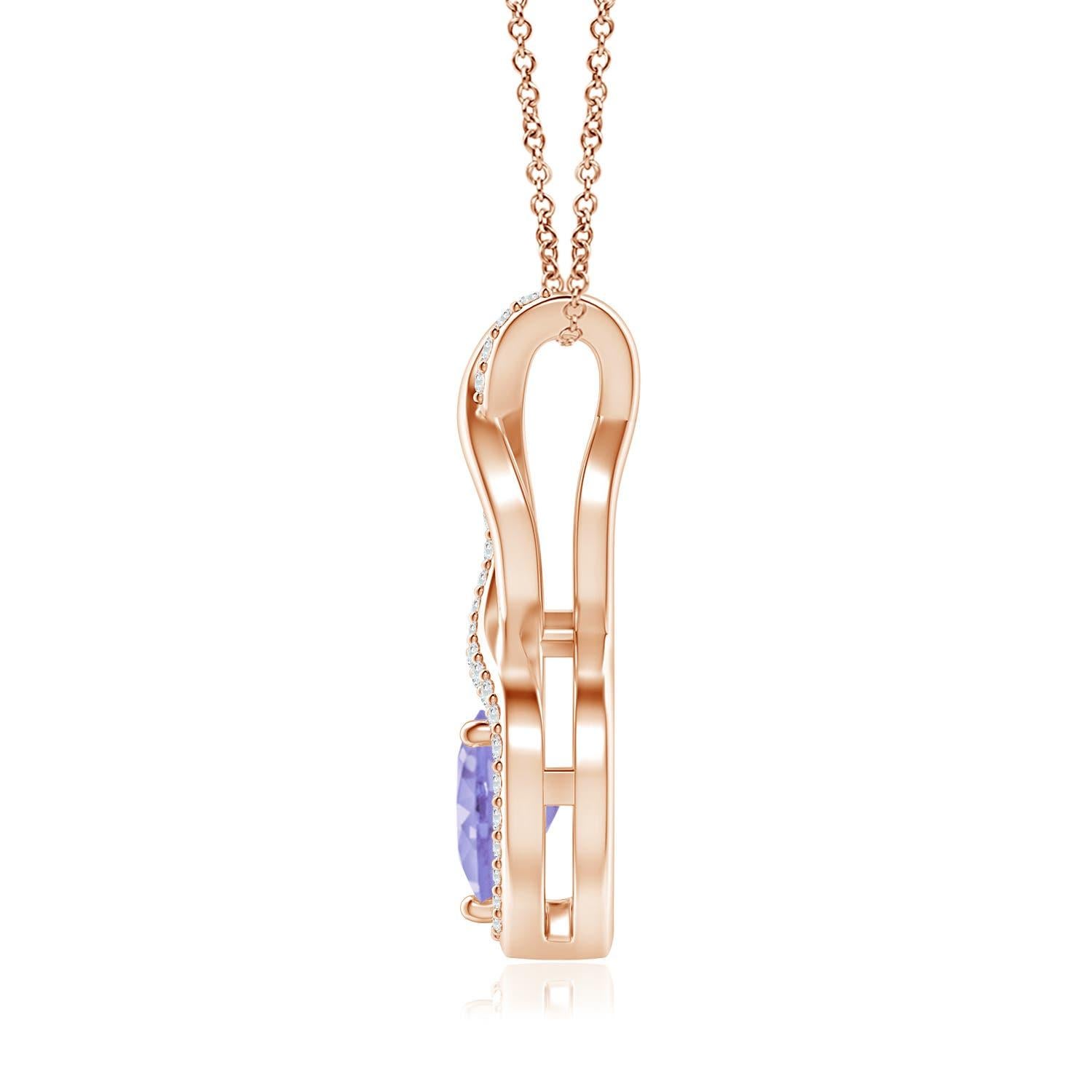 A diamond studded strip entwines with a lustrous metal strip to form an ornate infinity. Floating amid the graceful infinity is a heart-shaped bluish-violet tanzanite in a prong setting. The sparkling diamonds infuse a captivating edge to this 14k