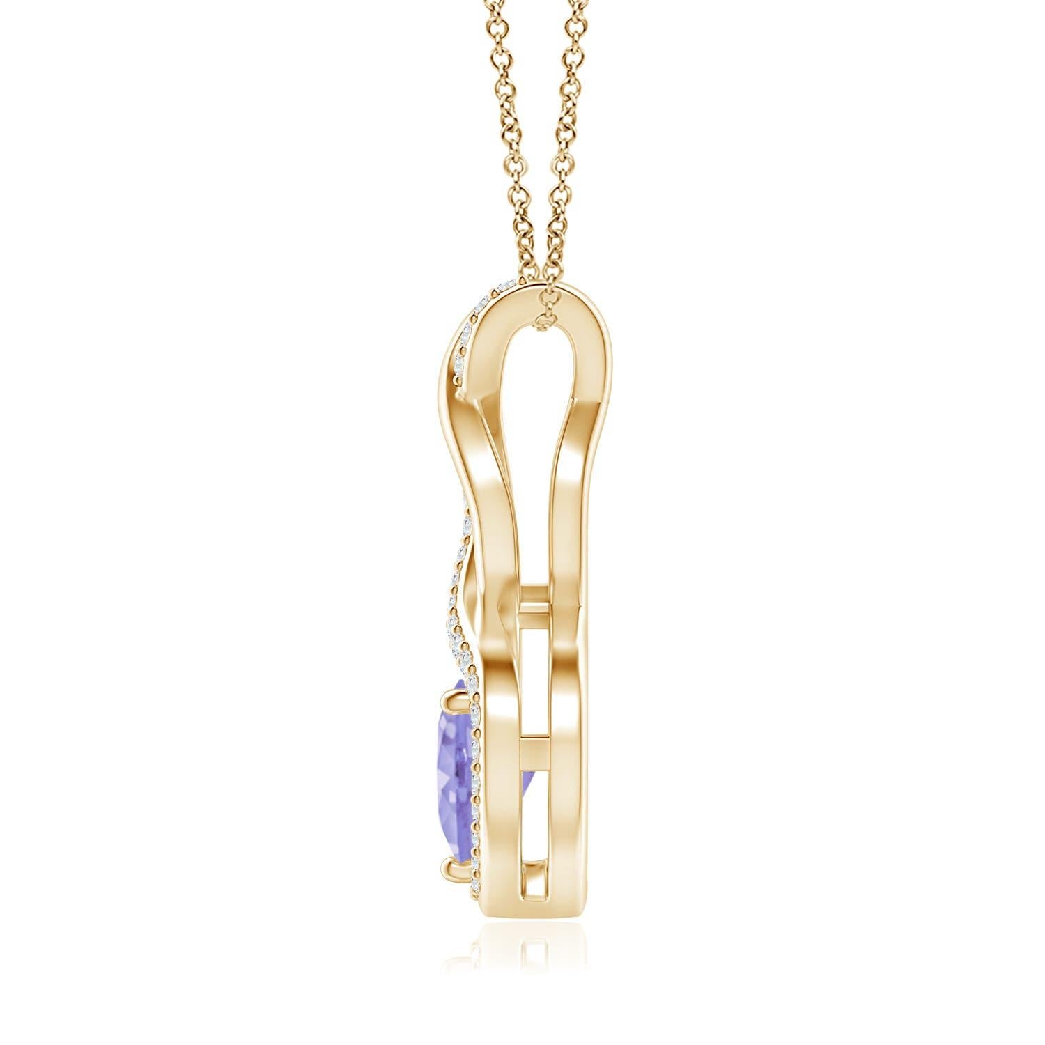 A diamond studded strip entwines with a lustrous metal strip to form an ornate infinity. Floating amid the graceful infinity is a heart-shaped bluish-violet tanzanite in a prong setting. The sparkling diamonds infuse a captivating edge to this 14k