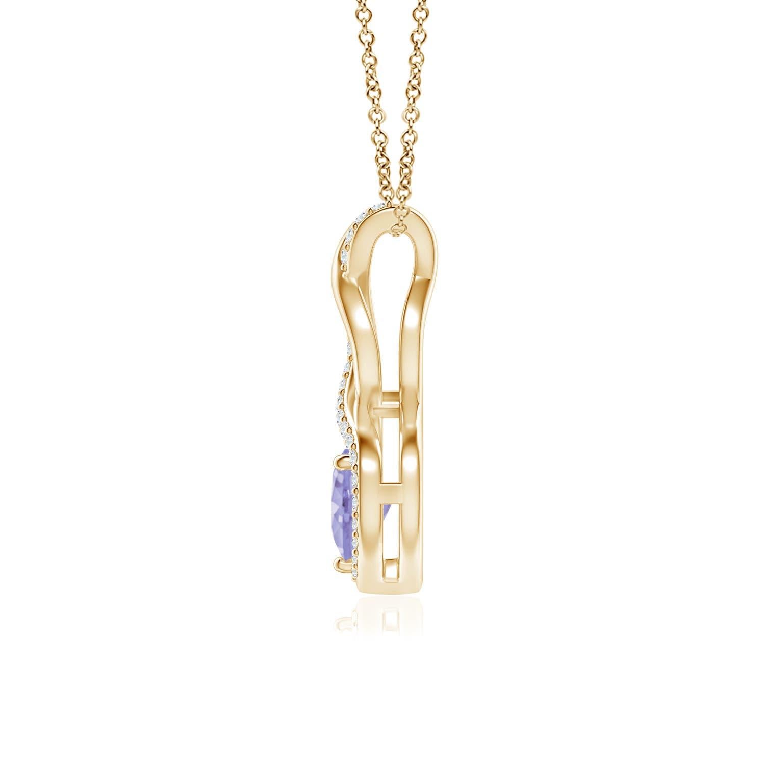 A diamond studded strip entwines with a lustrous metal strip to form an ornate infinity. Floating amid the graceful infinity is a heart-shaped bluish-violet tanzanite in a prong setting. The sparkling diamonds infuse a captivating edge to this 18k