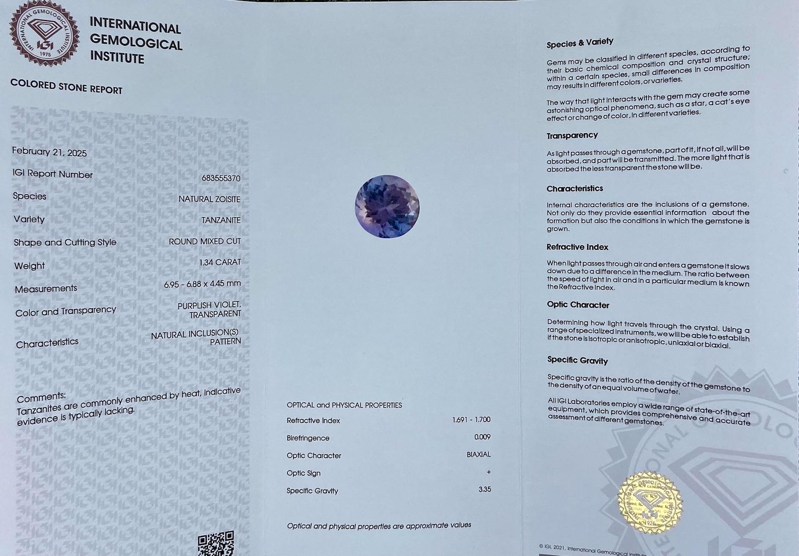 Natural Tanzanite loose gemstone 1.34 ct., Round Cut, Certificate, Tanzania For Sale 3