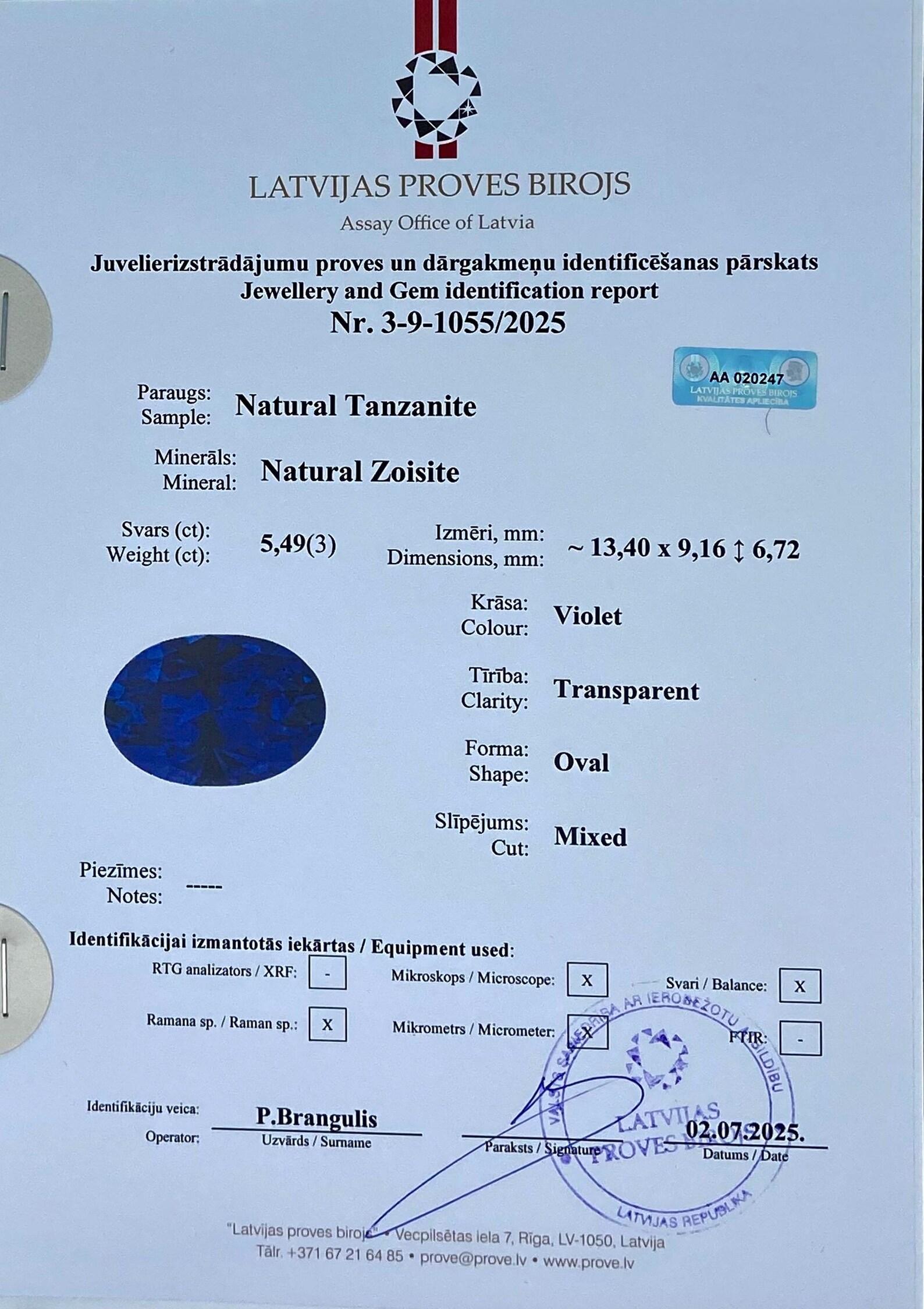 Gema suelta de tanzanita natural 5,49 ct, ovalada, certificado, ¡excelente talla! en venta 4
