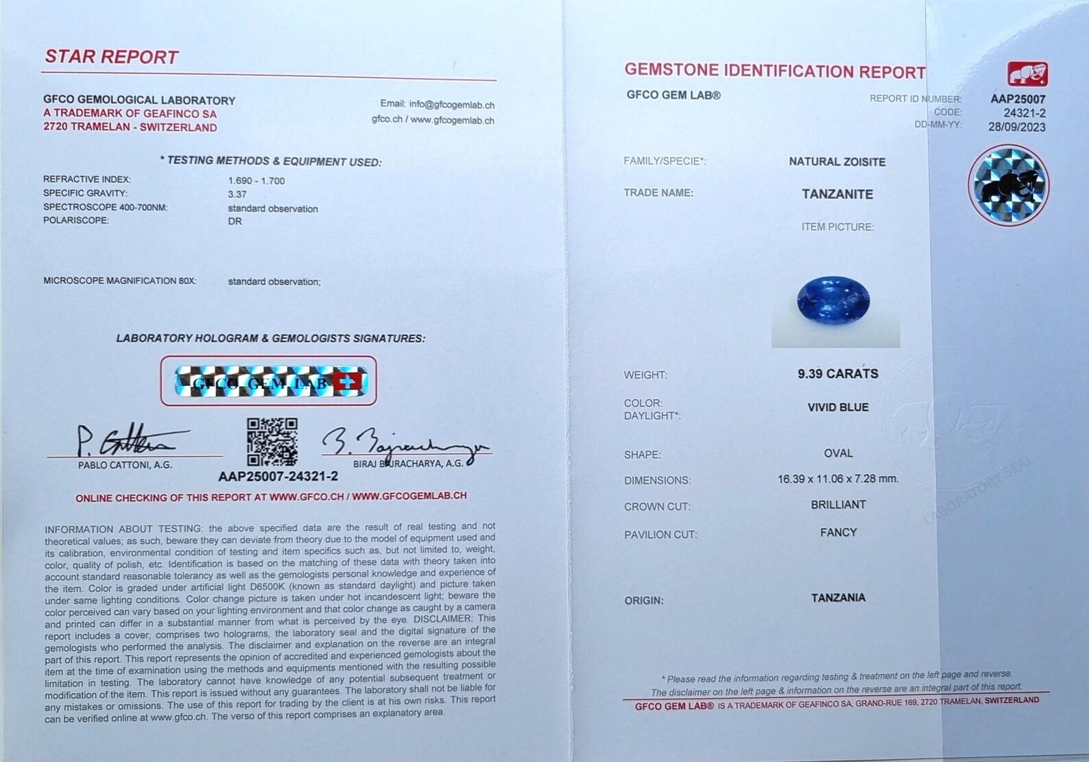 Natürlicher Tansanit Loser Edelstein 9,39 kt, hohe Qualität, Zertifikat, Tansania im Angebot 1