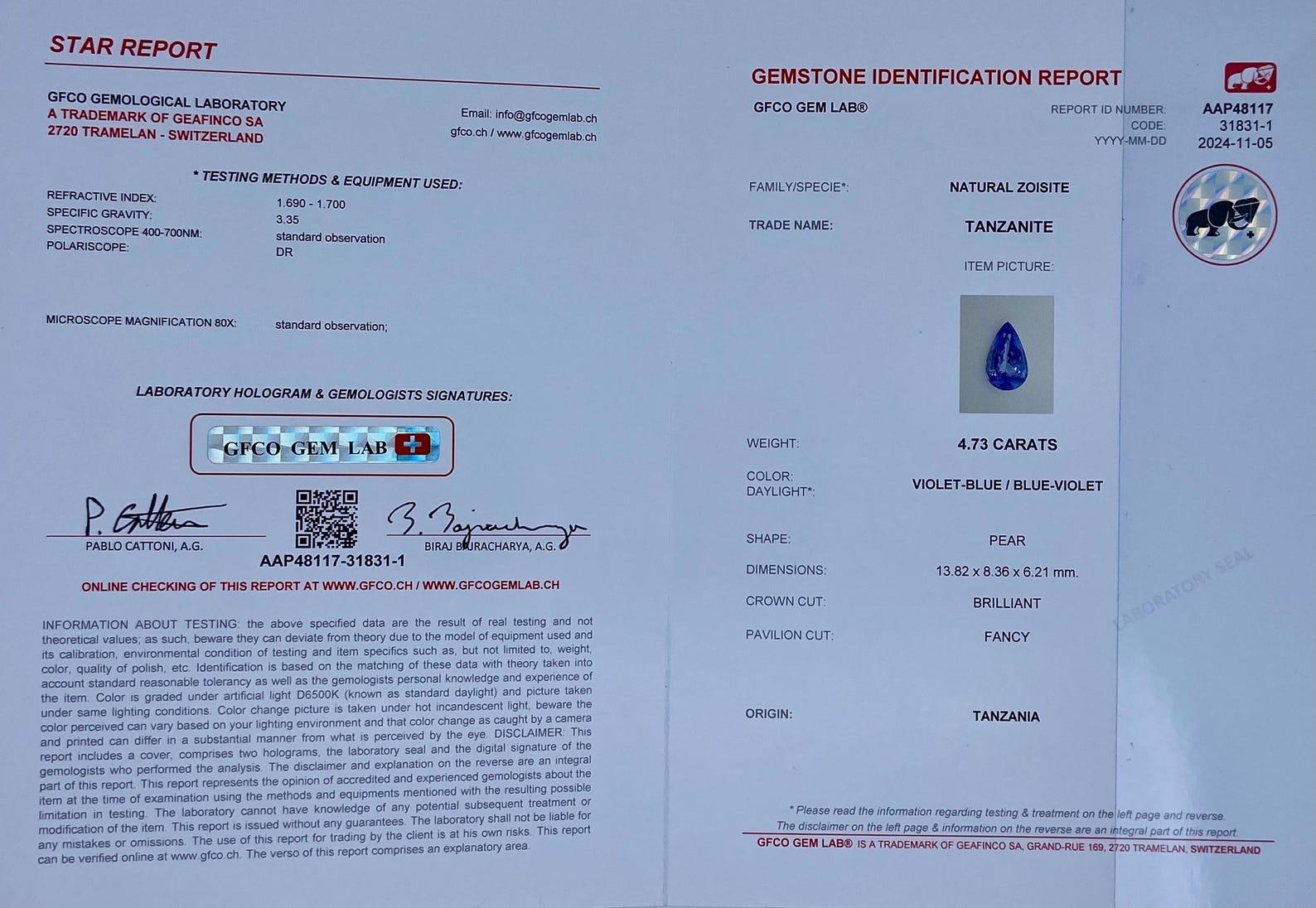 Taille poire Pierre précieuse de tanzanite naturelle de 4,73 carats, taille poire, certificat GFCO, Tanzanie en vente