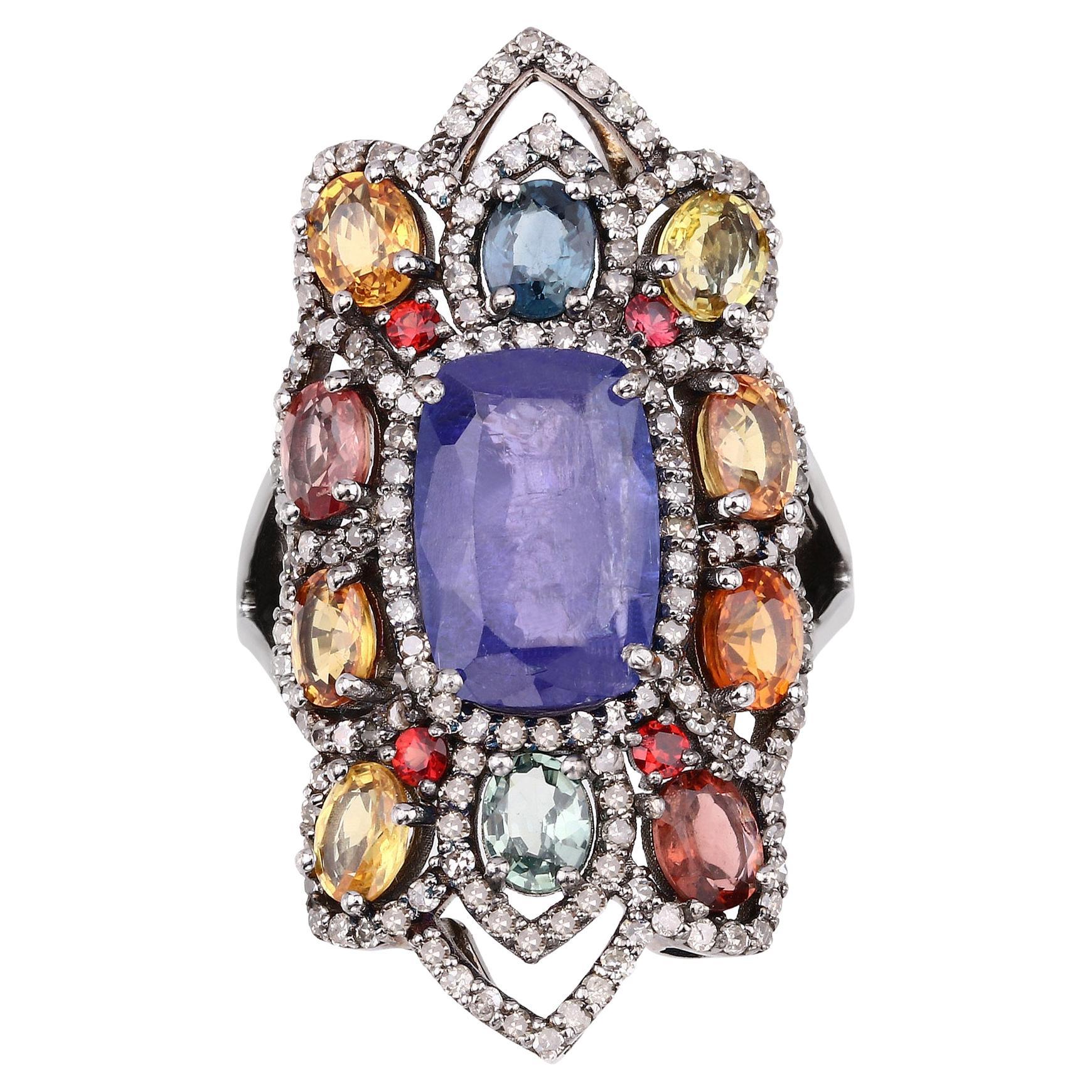 Natural Tanzanite Multi Color Sapphires & Diamonds Statement Ring Silver