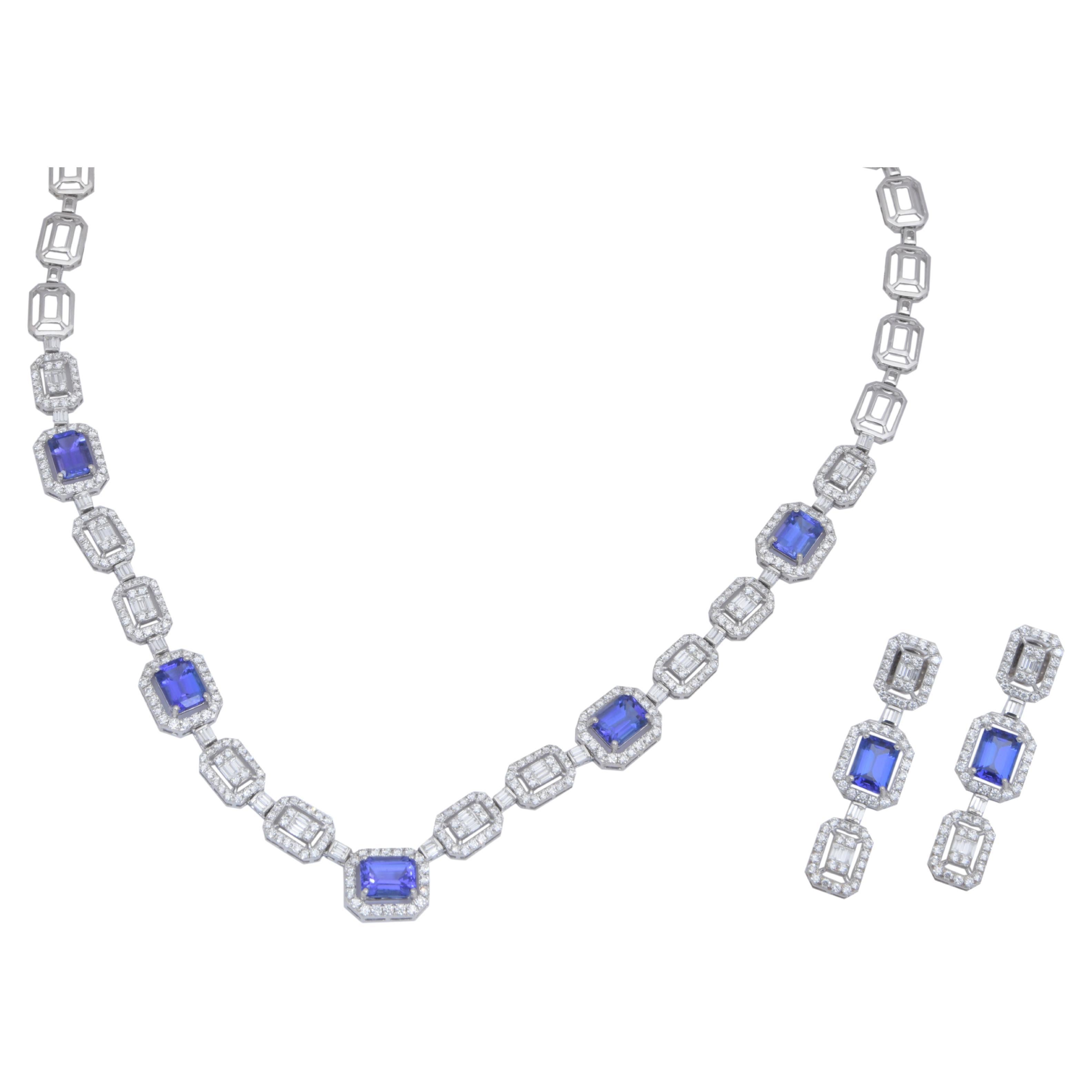 Natural Tanzanite Necklace 7.74cts Diamond & 12.13cts Tanzanite Withgold 14k For Sale