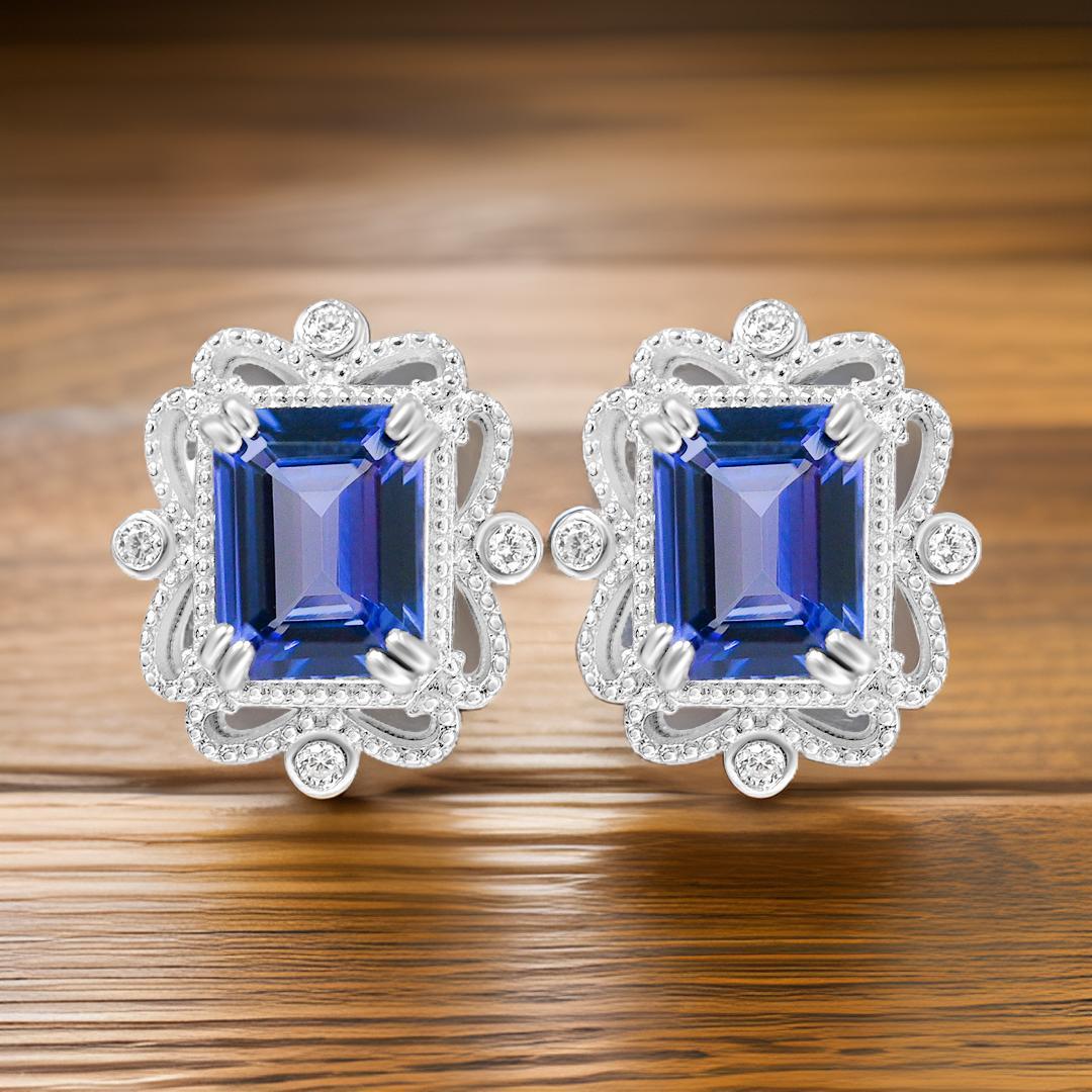 Modern Natural Tanzanite Octagon Stud Earrings in.925 Sterling Silver Wedding Earrings For Sale