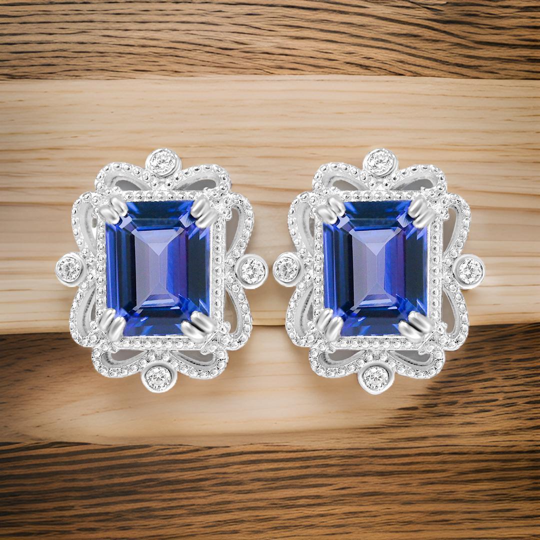 Octagon Cut Natural Tanzanite Octagon Stud Earrings in.925 Sterling Silver Wedding Earrings For Sale