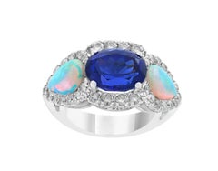Natural Tanzanite, Opal & Diamond Ring in 14k White Gold