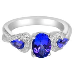 Natural Tanzanite Oval Shape 1.19 Ct Sterling Silver White Gold Engagement Ring 