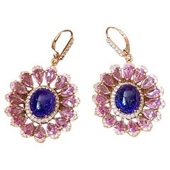 Natural Tanzanite, Pink Sapphire & Diamonds Dangle Earrings Set in 18K Rose Gold