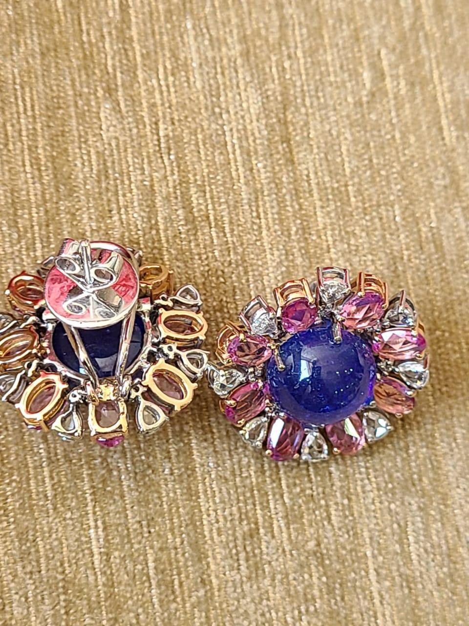 Art Nouveau Natural Tanzanite, Pink Sapphires & Diamonds Stud Earrings Set in 18K White Gold
