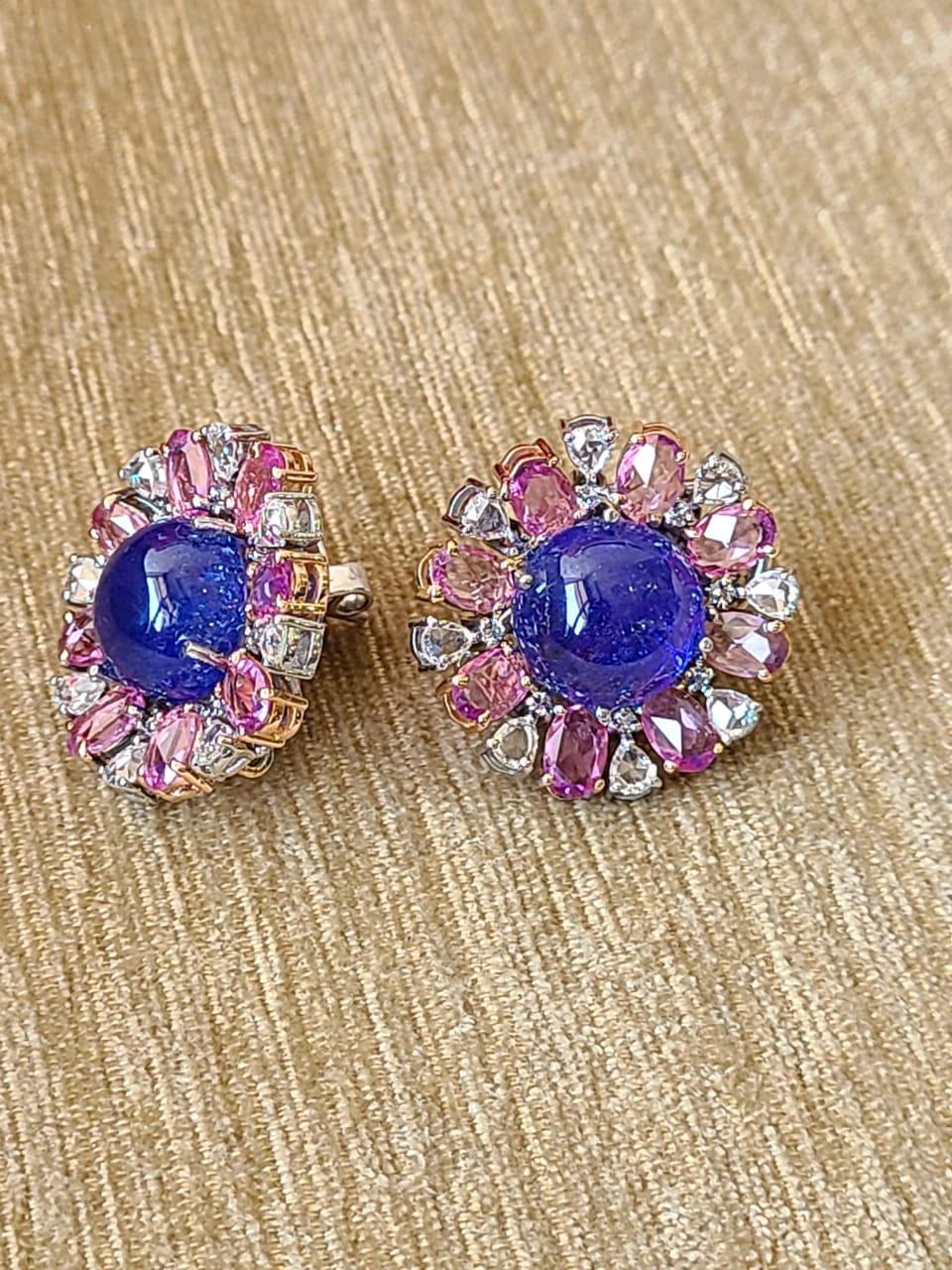 Rose Cut Natural Tanzanite, Pink Sapphires & Diamonds Stud Earrings Set in 18K White Gold