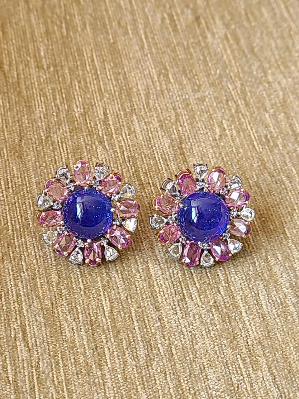 Natural Tanzanite, Pink Sapphires & Diamonds Stud Earrings Set in 18K White Gold In New Condition In Hong Kong, HK