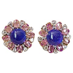 Natural Tanzanite, Pink Sapphires & Diamonds Stud Earrings Set in 18K White Gold