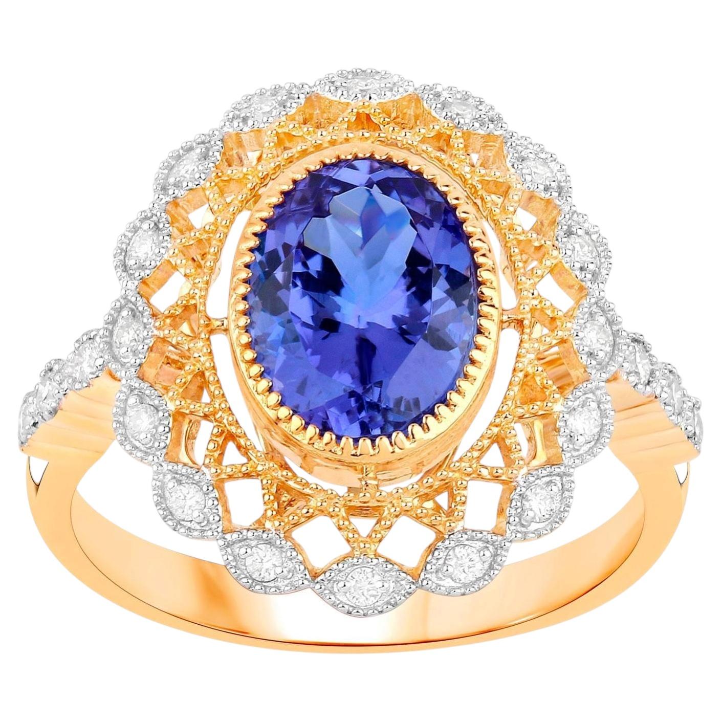 Natürlicher Tansanit Ring mit Diamanten 2,46 Karat 14K Gelbgold