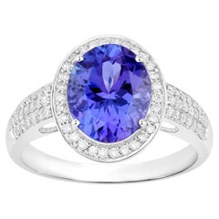 Natural Tanzanite Ring With Diamonds 3.08 Carats 14K White Gold