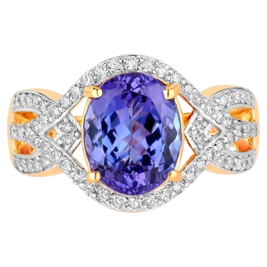 Bague en Tanzanite Naturelle avec Diamants 3.5 Carats Or Jaune 14K