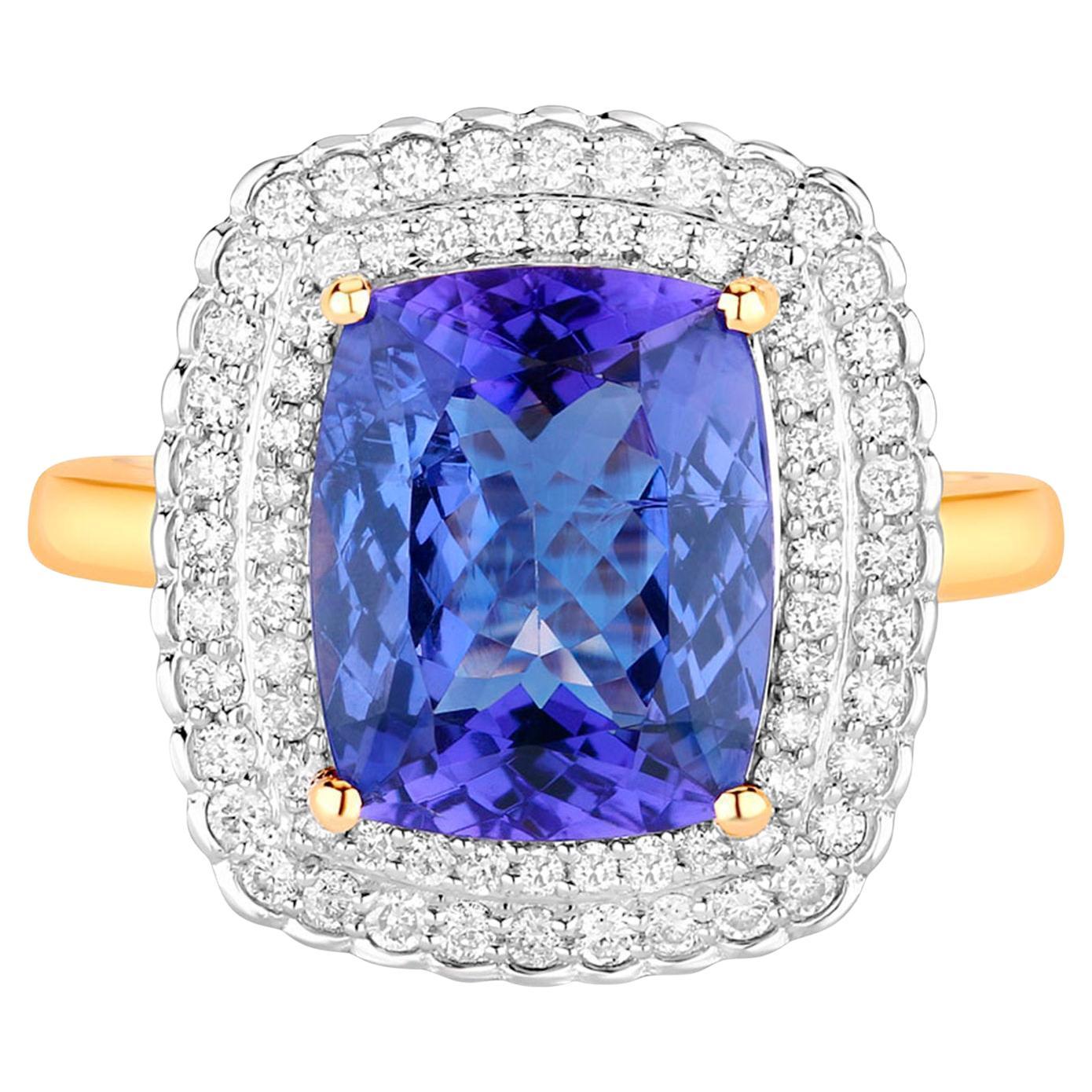 Natural Tanzanite Ring With Diamonds 4.8 Carats 14K Yellow Gold
