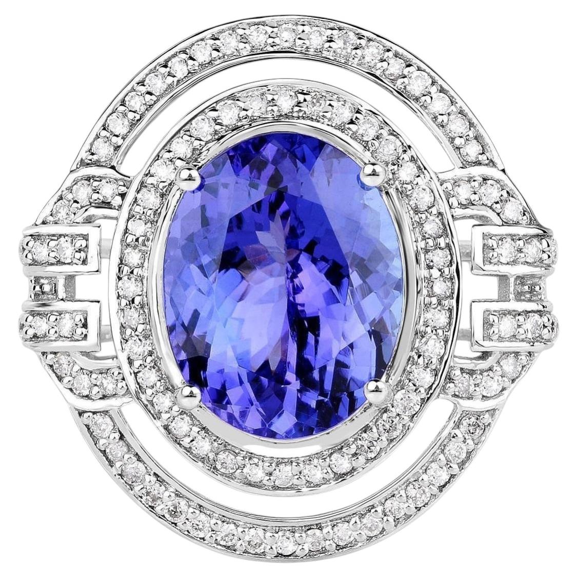 Natural Tanzanite Ring With Diamonds 6.80 Carats 14K White Gold