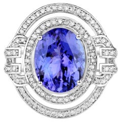 Natural Tanzanite Ring With Diamonds 6.80 Carats 14K White Gold