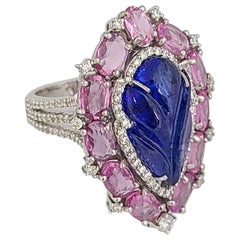 Natürlicher Tansanit Ring mit rosa Saphiren, gefasst in 18 Karat Gold mit Diamanten