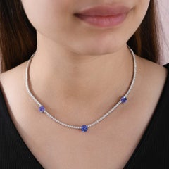 Natürlicher Tansanit Rund & Cushion Diamant Tennis Halskette 18K Weißgold