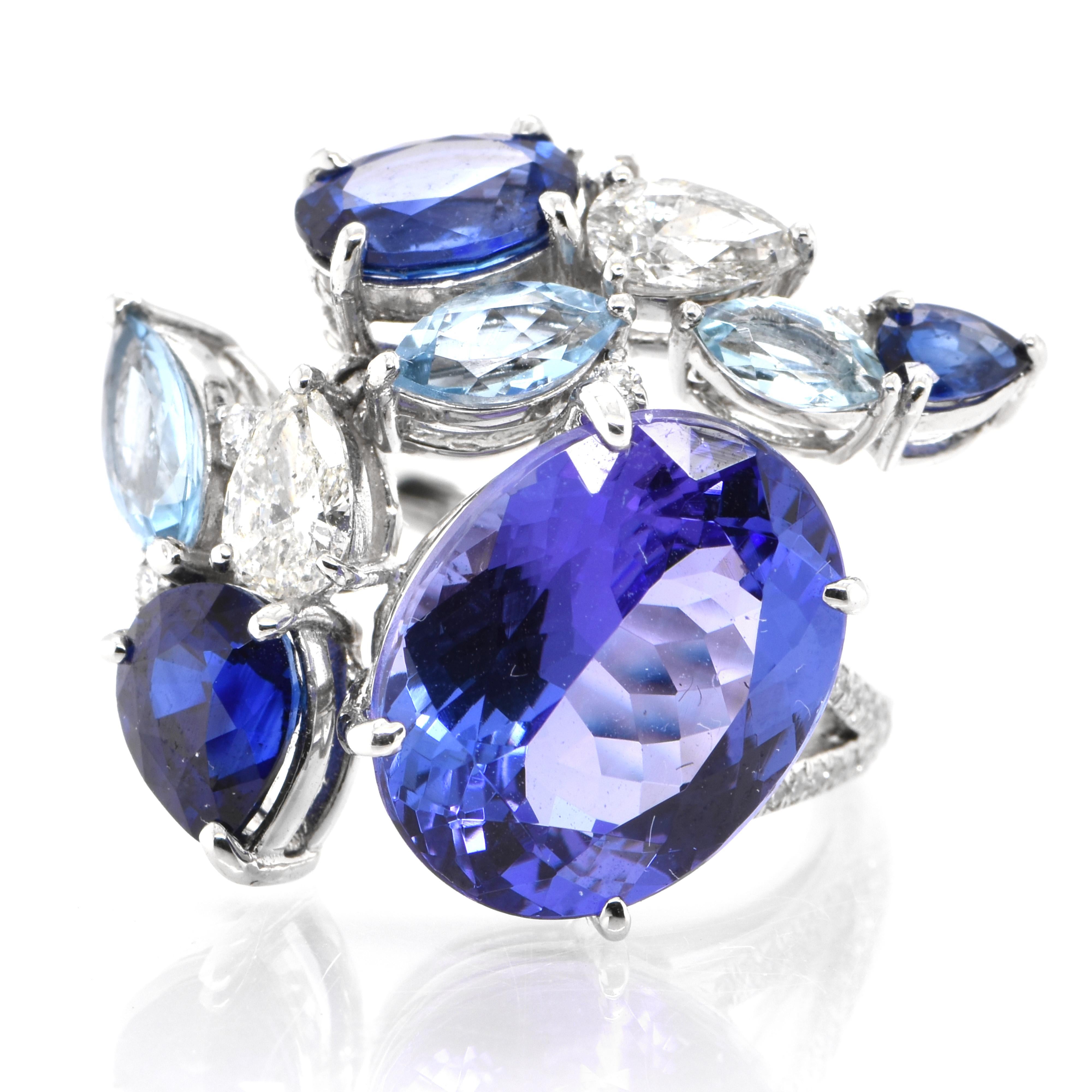 Modern Natural Tanzanite, Sapphire, Aquamarine & Diamond Cocktail Ring Set in Platinum