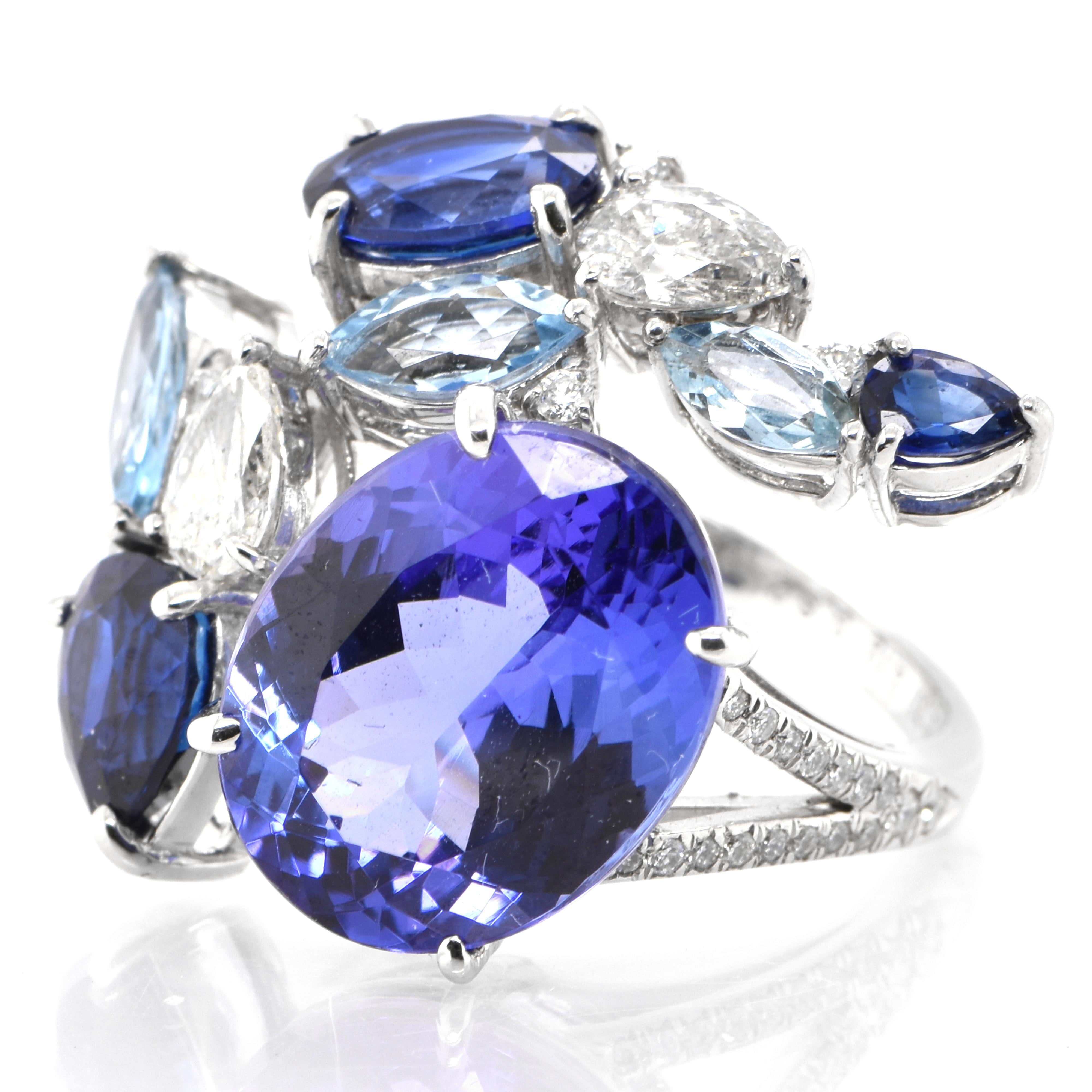 Oval Cut Natural Tanzanite, Sapphire, Aquamarine & Diamond Cocktail Ring Set in Platinum