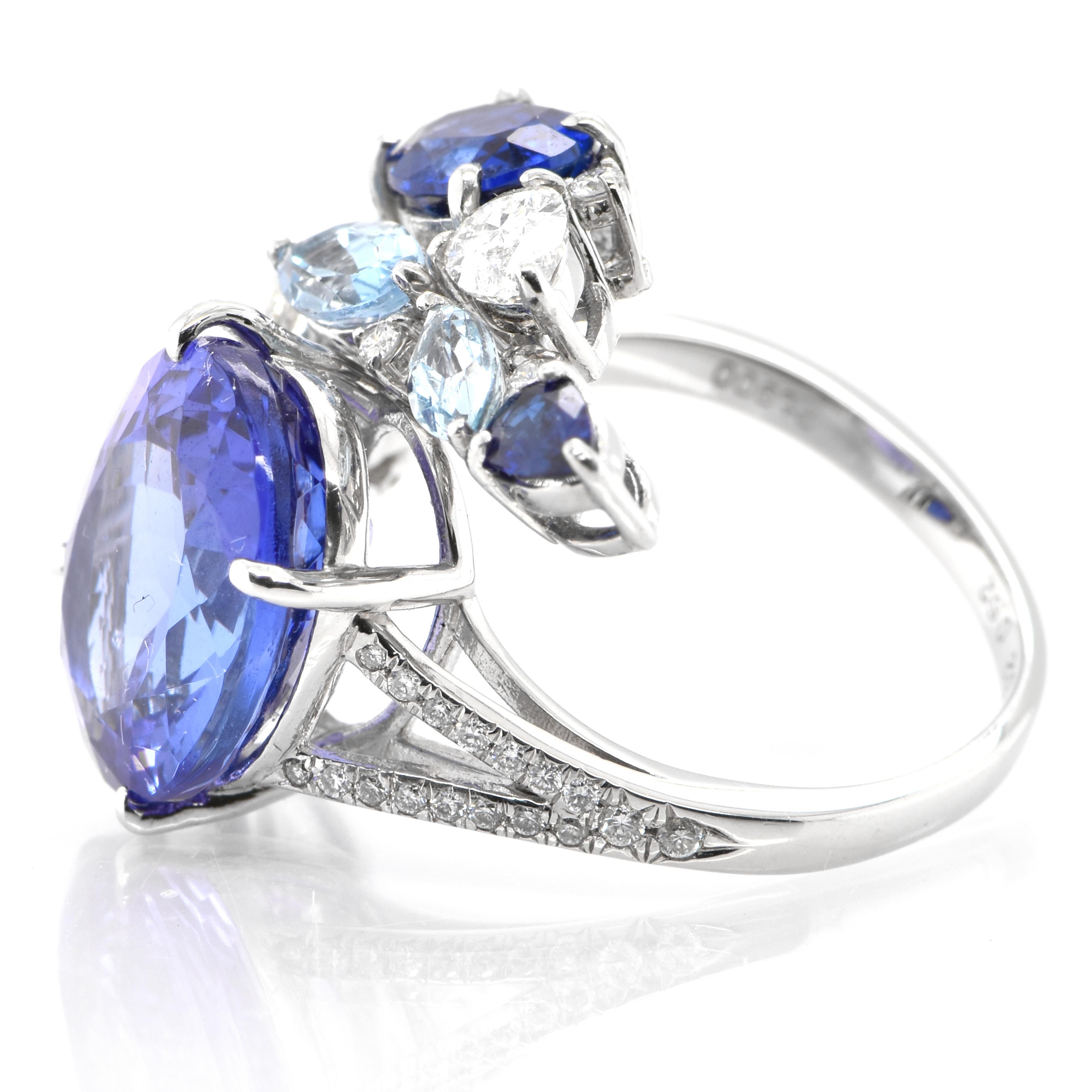 Women's Natural Tanzanite, Sapphire, Aquamarine & Diamond Cocktail Ring Set in Platinum