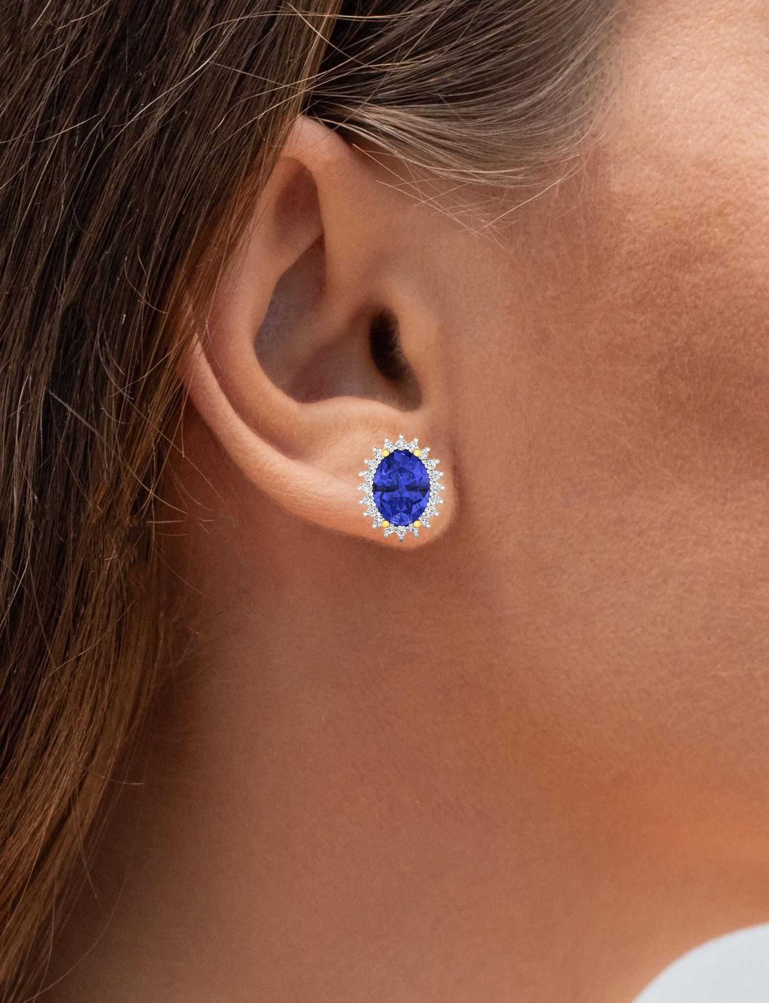 Contemporary Natural Tanzanite Stud Earrings Diamond Halo 2.60 Carats 14K Yellow Gold For Sale