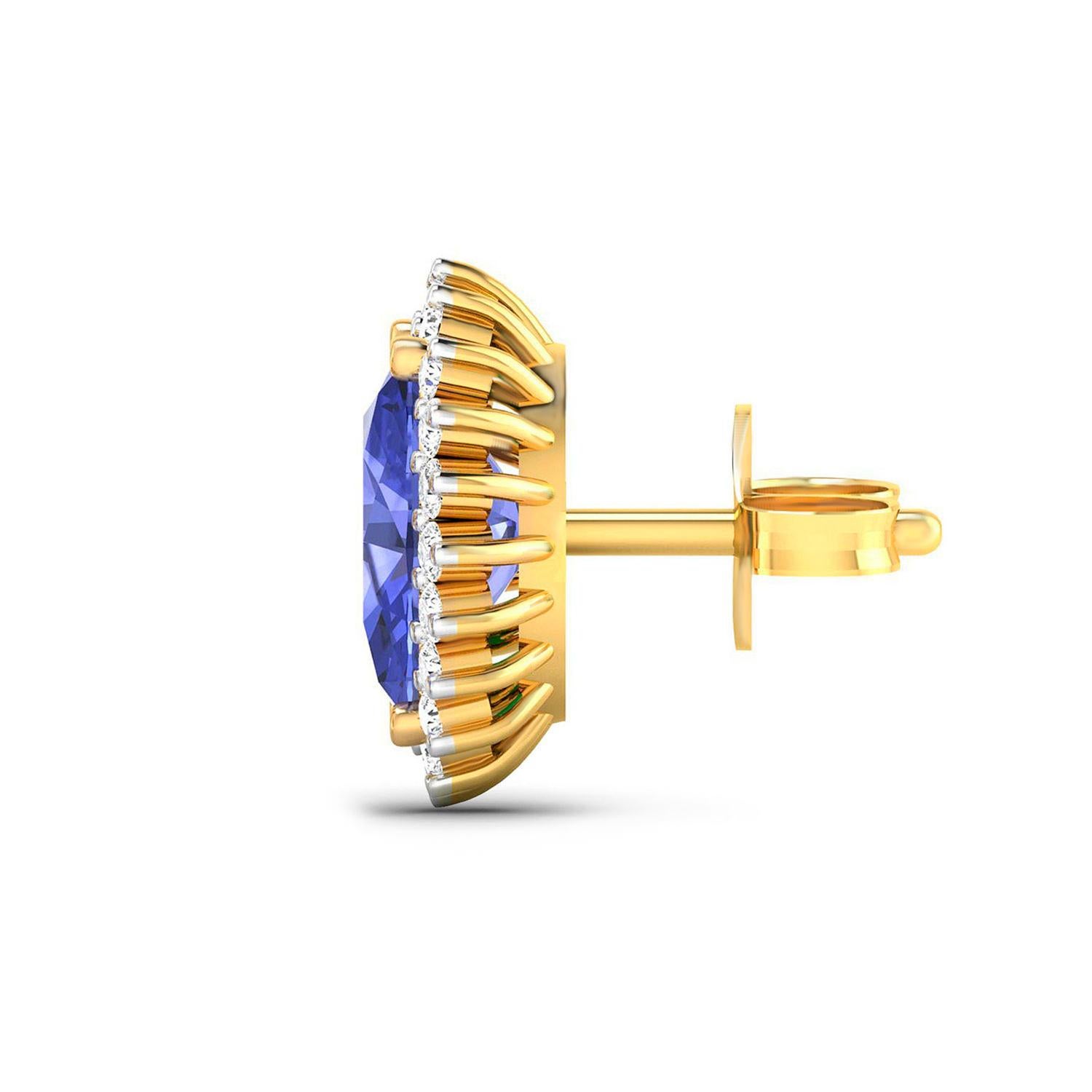 Oval Cut Natural Tanzanite Stud Earrings Diamond Halo 2.60 Carats 14K Yellow Gold For Sale