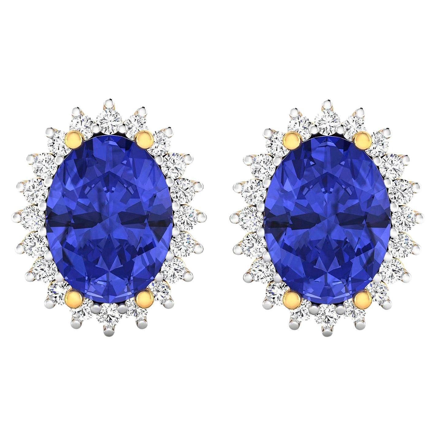 Natural Tanzanite Stud Earrings Diamond Halo 2.60 Carats 14K Yellow Gold For Sale
