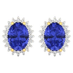 Natural Tanzanite Stud Earrings Diamond Halo 2.60 Carats 14K Yellow Gold
