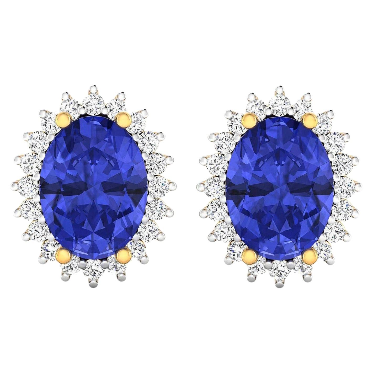 Natural Tanzanite Stud Earrings Diamond Halo 2.60 Carats 14K Yellow Gold