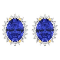 Natural Tanzanite Stud Earrings Diamond Halo 2.60 Carats 14K Yellow Gold