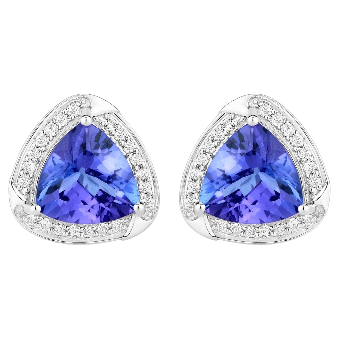 Natural Tanzanite Stud Earrings With Diamonds 3.66 Carats 14K White Gold For Sale
