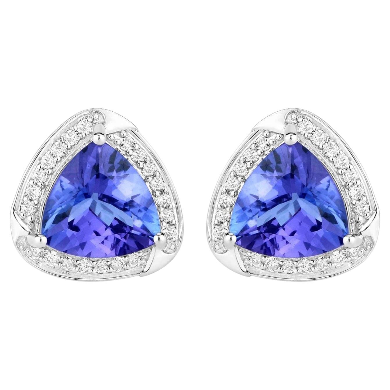 Natural Tanzanite Stud Earrings With Diamonds 3.66 Carats 14K White Gold