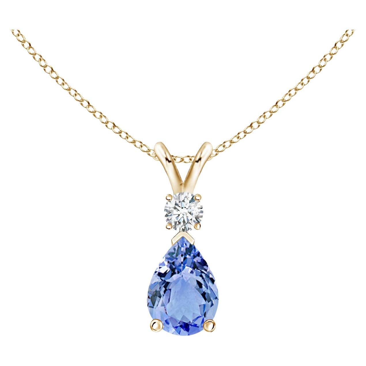 Natural Tanzanite Teardrop Pendant with Diamond in 14K Yellow Gold
