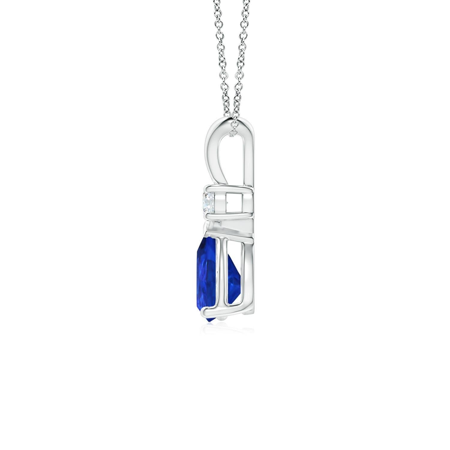 This classic solitaire pendant features a pear-shaped tanzanite secured in a prong setting. A glimmering round diamond sits atop the bluish-violet gemstone adding to the design's sparkle. Simple yet alluring, this tanzanite pendant in silver is
