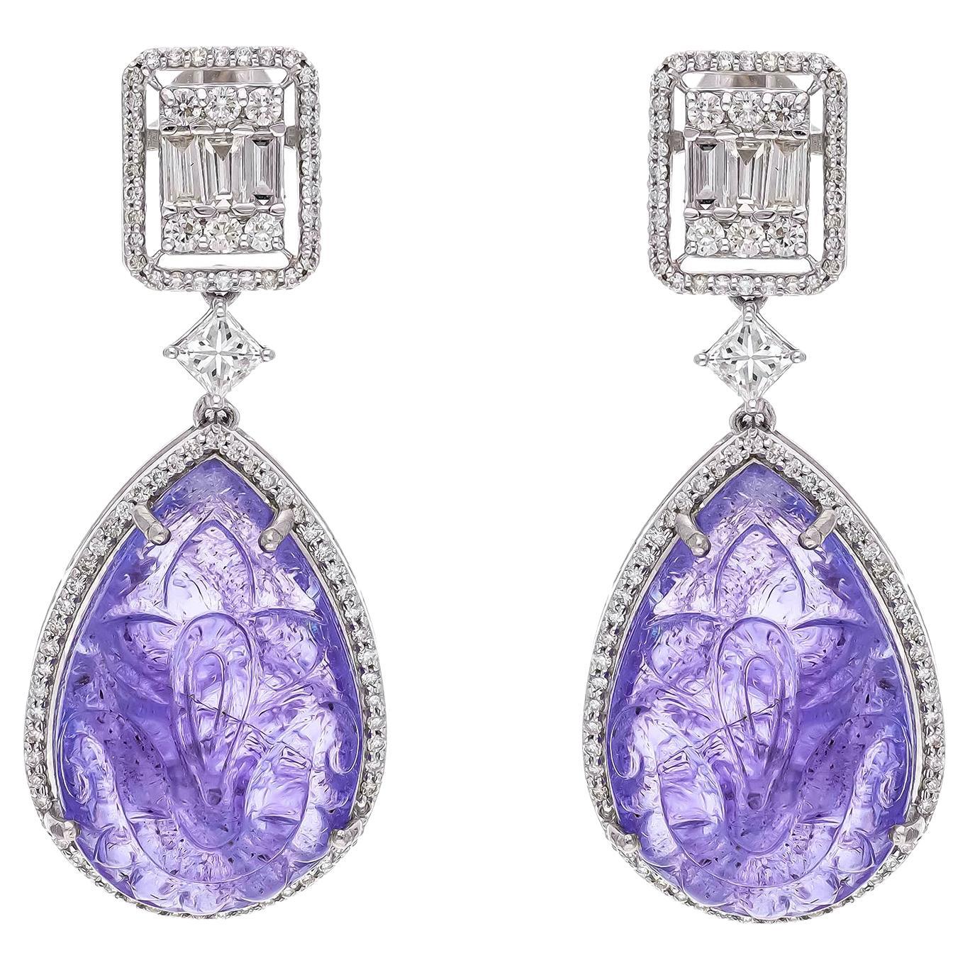 Natural Tanzenite Earring with 1.86 Cts Diamond & Tanzenite 35.40 Cts in 18k For Sale