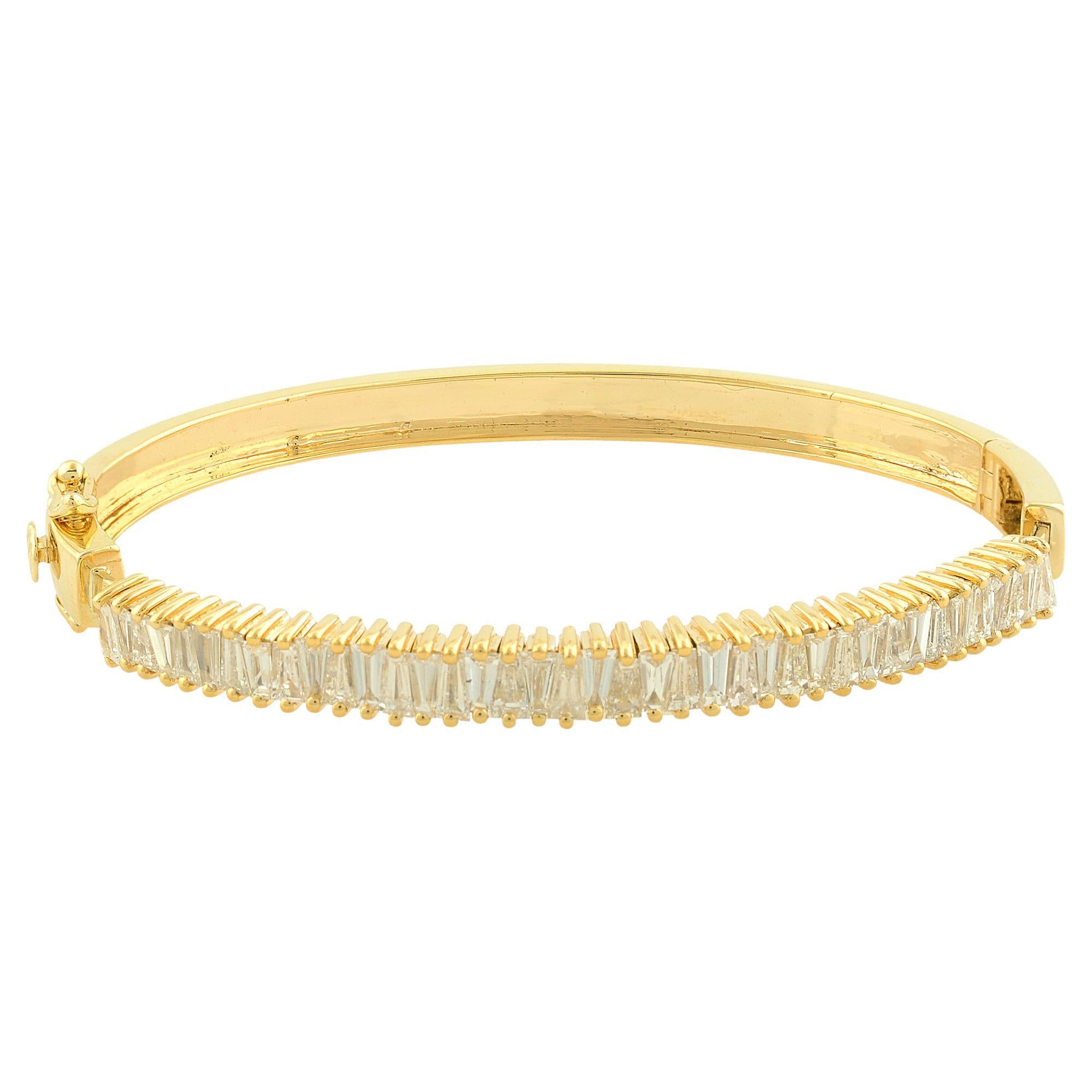Natural Tapered Baguette Diamond Bangle Bracelet 14 Karat Yellow Gold Jewelry For Sale