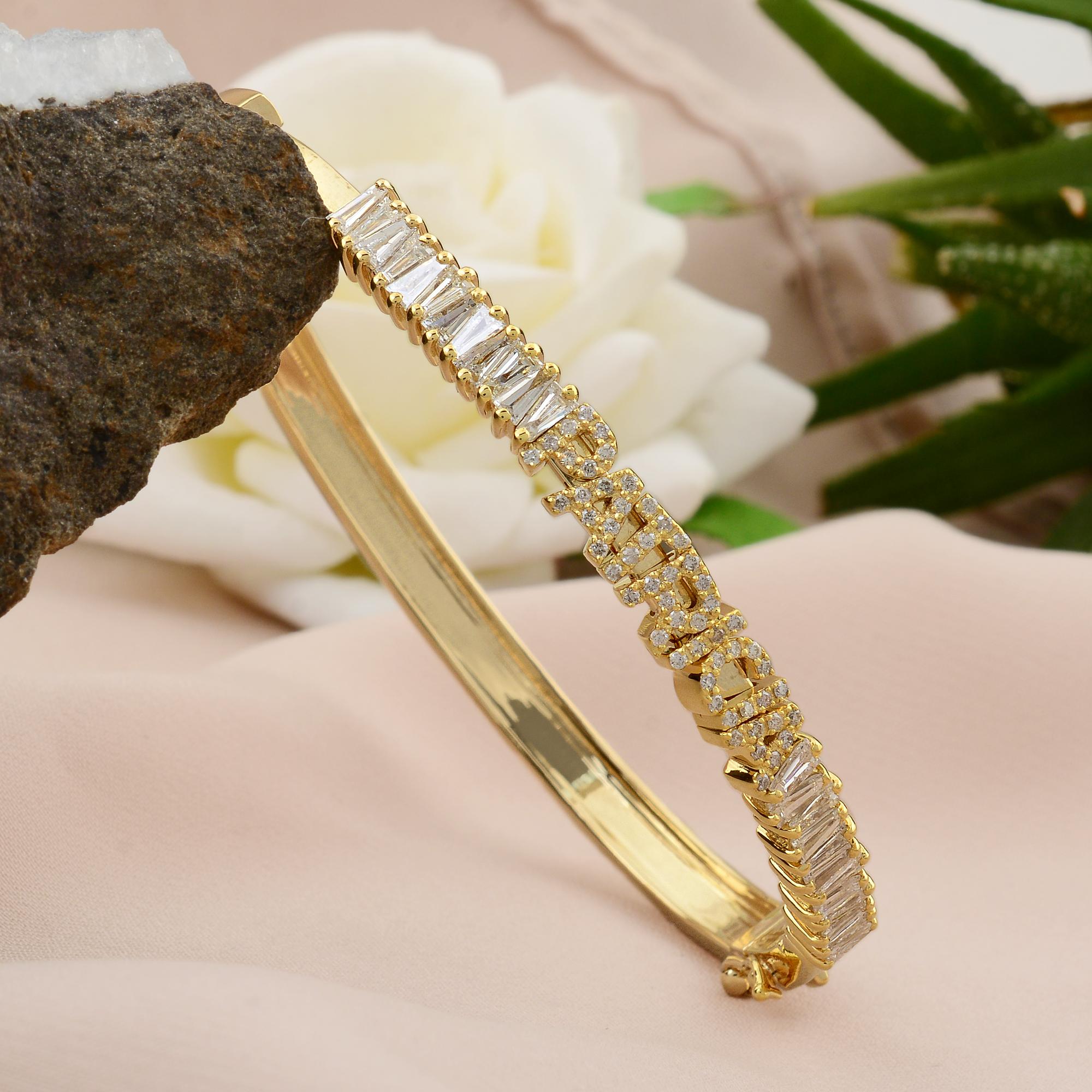 Women's Natural Tapered Baguette Name Bracelet 18 Karat Yellow Gold Handmade Jewelry For Sale