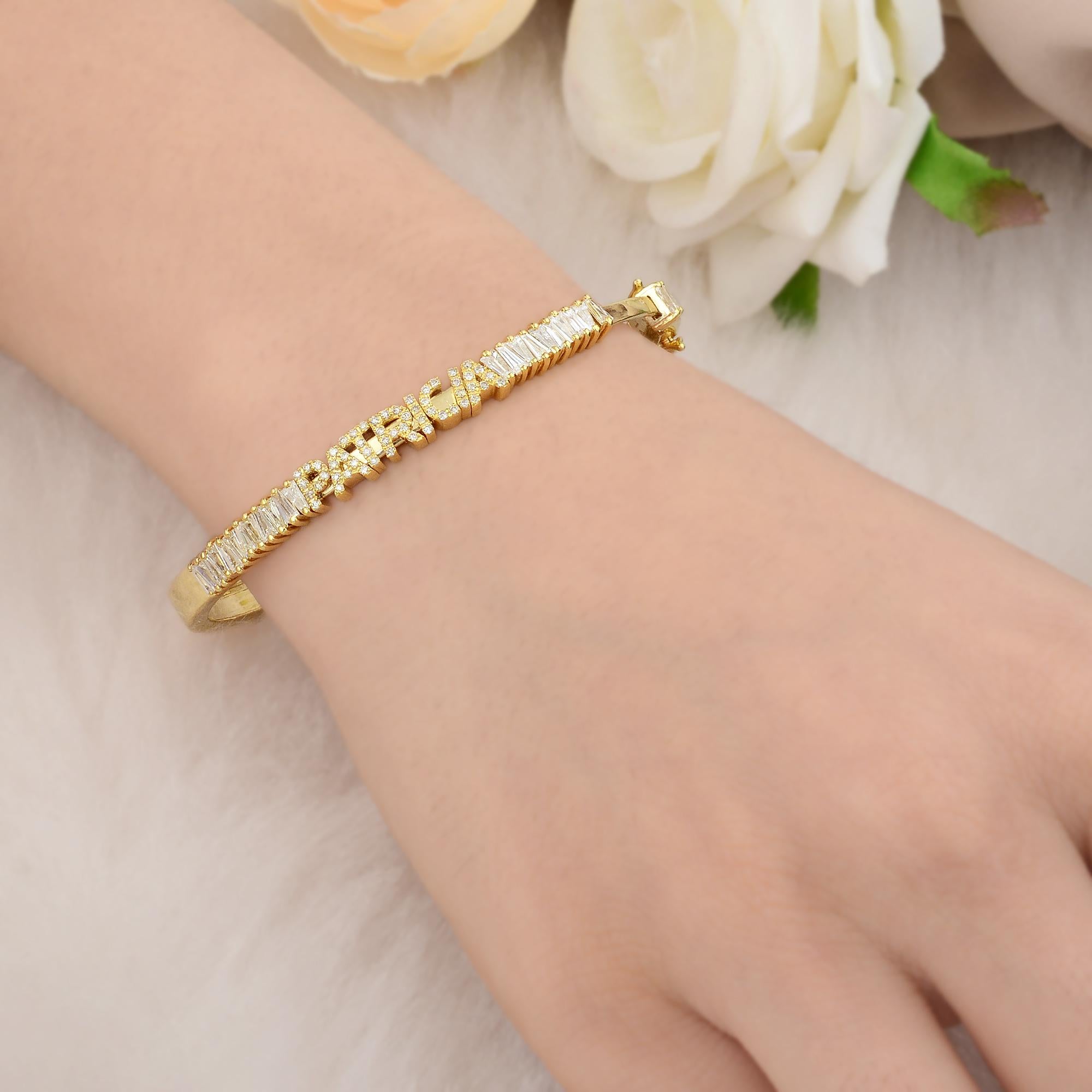 Natural Tapered Baguette Name Bracelet 18 Karat Yellow Gold Handmade Jewelry For Sale 1