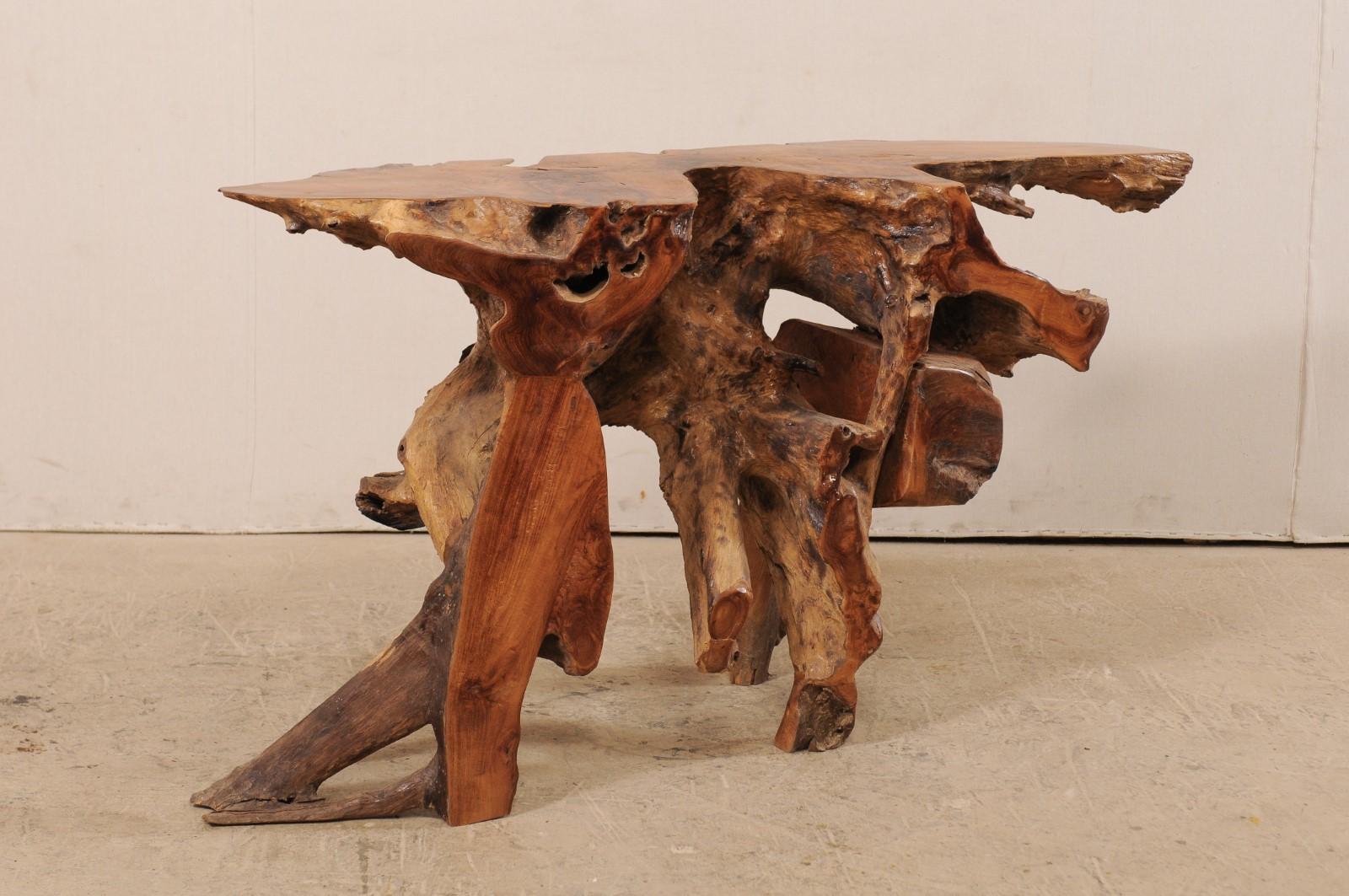A natural teak root console table. This wooden console table has been custom fashioned from a large cut section of old teak (with the addition of a few newer pieces for added stability) whose intertwining roots give it an organic and airy feel.