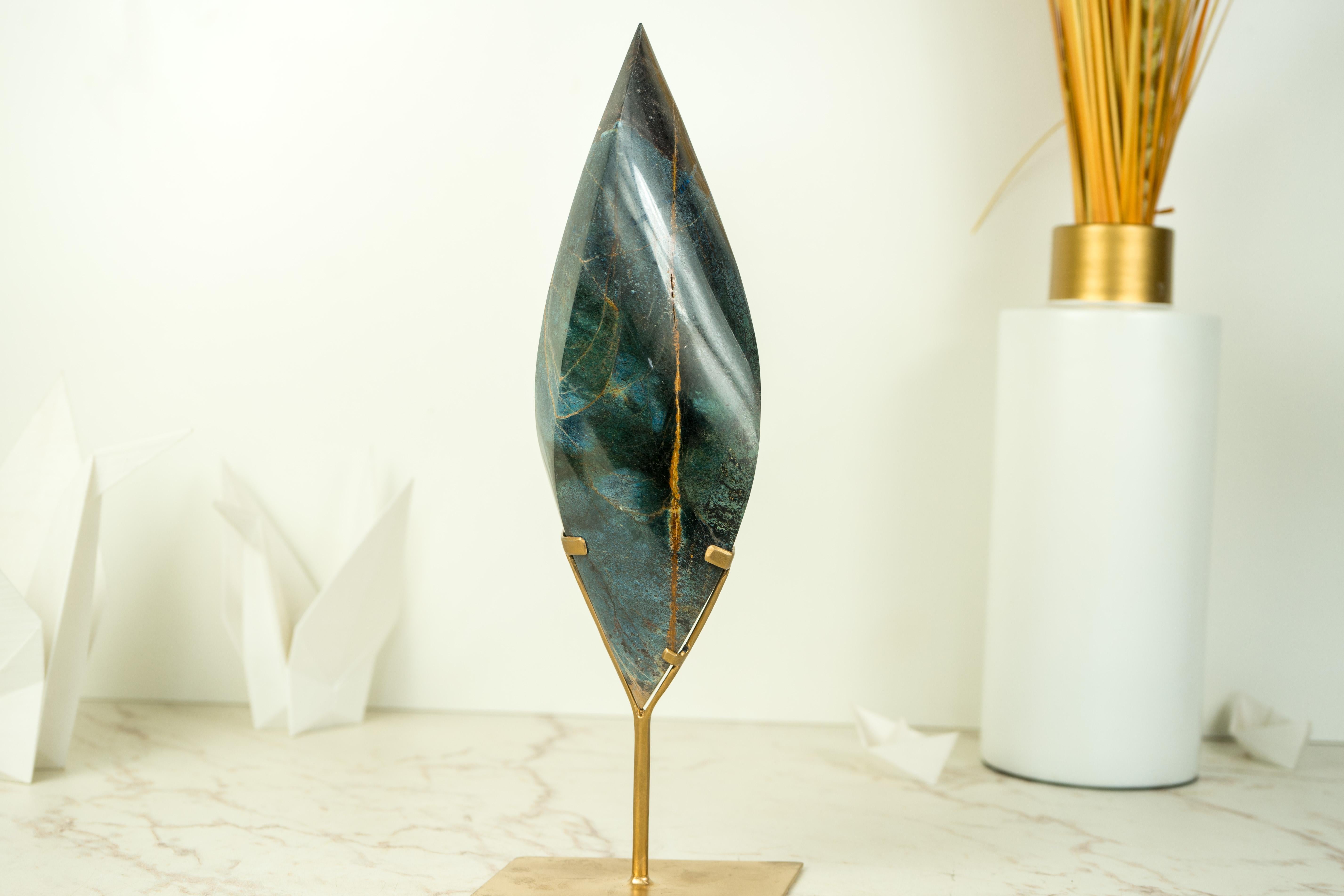 Contemporary Natural Teal Blue Crystal Flame Sculpture, AKA Blue Rhodonite From Bahia, Brazil