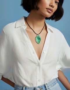 Natural Teal Green Jade Fish Pendant in 18K White Gold with Diamond Bail