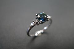 Natural Teal Sapphire and Pear Diamond Cluster Ring in 14K Solid White Gold
