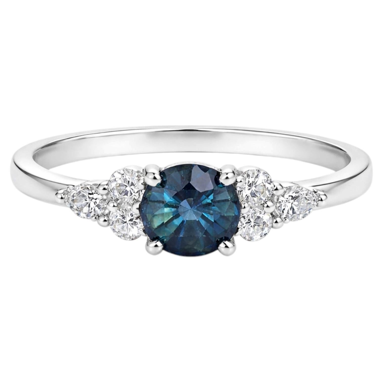 Natural Teal Sapphire and Pear Diamond Cluster Ring in 14K Solid White Gold